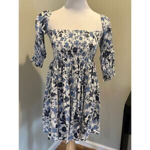 MISA Los Angeles Zadie Boho Cottagecore Smocked Blue Floral Mini Dress Sz Large